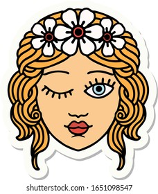 sticker of tattoo in traditional style of a maidens face winking