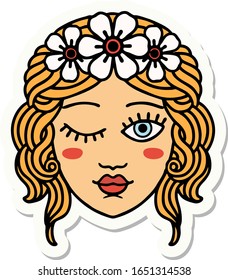 sticker of tattoo in traditional style of a maidens face winking