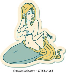 sticker of tattoo in traditional style of a mermaid