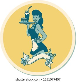 sticker of tattoo in traditional style of a pinup waitress girl with banner