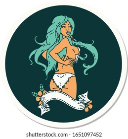 sticker of tattoo in traditional style of a pinup viking girl with banner