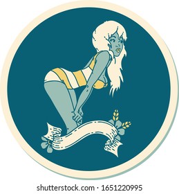 sticker of tattoo in traditional style of a pinup girl in swimming costume with banner