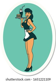 sticker of tattoo in traditional style of a pinup waitress girl