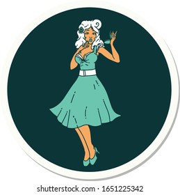 sticker of tattoo in traditional style of a pinup surprised girl