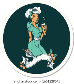 sticker of tattoo in traditional style of a pinup girl drinking a milkshake with banner