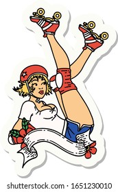 sticker of tattoo in traditional style of a pinup roller derby girl with banner