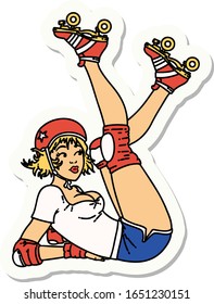 sticker of tattoo in traditional style of a pinup roller derby girl