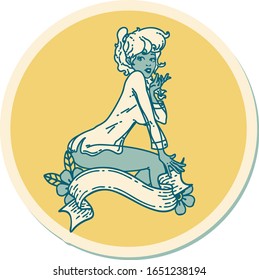 sticker of tattoo in traditional style of a pinup girl wearing a shirt with banner