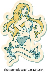 sticker of tattoo in traditional style of a pinup viking girl with banner