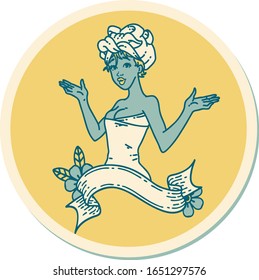 sticker of tattoo in traditional style of a pinup girl in towel with banner