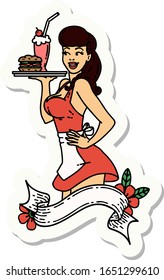 sticker of tattoo in traditional style of a pinup waitress girl with banner