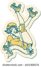 sticker of tattoo in traditional style of a pinup roller derby girl with banner