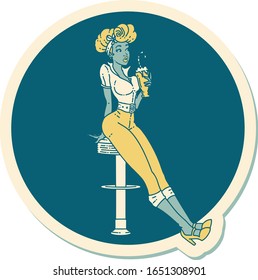sticker of tattoo in traditional style of a pinup girl drinking a milkshake