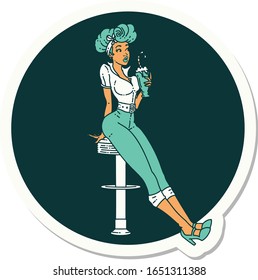 sticker of tattoo in traditional style of a pinup girl drinking a milkshake