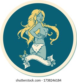 sticker of tattoo in traditional style of a pinup viking girl with banner