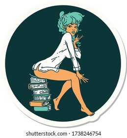 sticker of tattoo in traditional style of a pinup girl sitting on books