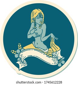 sticker of tattoo in traditional style of a pinup mermaid with banner