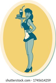 sticker of tattoo in traditional style of a pinup waitress girl