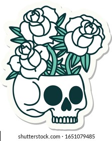 sticker of tattoo in traditional style of a skull and roses