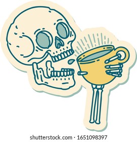 sticker of tattoo in traditional style of a skull drinking coffee