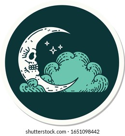 sticker of tattoo in traditional style of a skull crescent moon and clouds