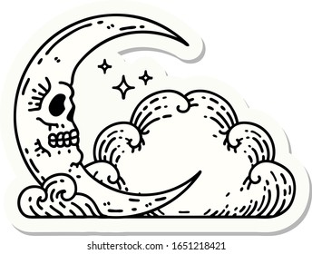 sticker of tattoo in traditional style of a skull crescent moon and clouds