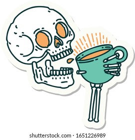 sticker of tattoo in traditional style of a skull drinking coffee
