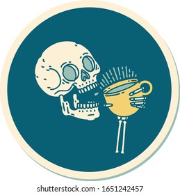 sticker of tattoo in traditional style of a skull drinking coffee