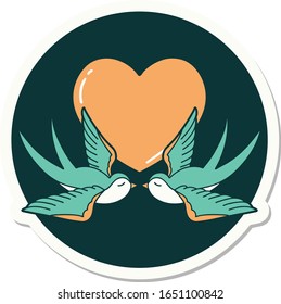 sticker of tattoo in traditional style of swallows and a heart