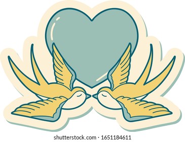 sticker of tattoo in traditional style of swallows and a heart