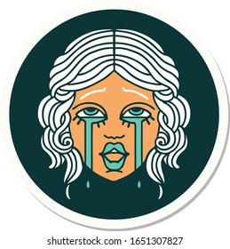 sticker of tattoo in traditional style of a very happy crying female face