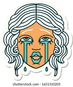 sticker of tattoo in traditional style of a very happy crying female face