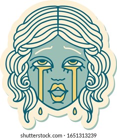 sticker of tattoo in traditional style of a very happy crying female face