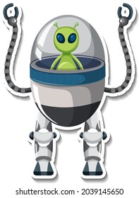 Sticker template with an alien monster in UFO robot isolated illustration