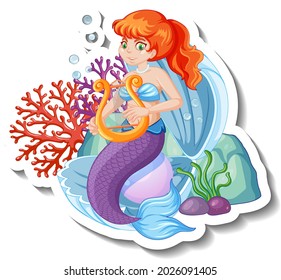 A sticker template with beautiful mermaid cartoon character illustration