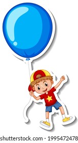 Plantilla adhesiva con un niño volando con una ilustración aislada de un gran globo