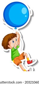 Sticker template with a boy flying with a big balloon isolated illustration