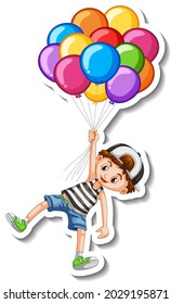 Sticker template with a boy flying with many balloons isolated illustration