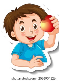 Plantilla adhesiva con un niño sosteniendo una ilustración aislada de manzana