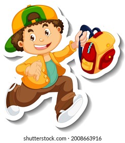 Plantilla de pegatinas con un niño sujetando la mochila ilustración aislada