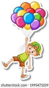 Sticker template with a boy holding many balloons isolated illustration