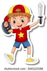 Plantilla adhesiva con un niño sujetando un juguete de espada ilustración aislada