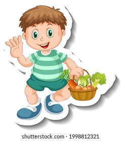 Sticker template with a boy holding vegetables basket isolated illustration