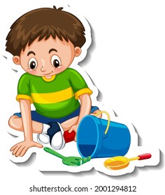 Plantilla adhesiva con un niño jugando con sus juguetes ilustraciones aisladas