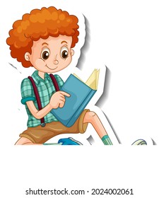 Sticker template with a boy reading book cartoon character isolated illustration