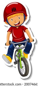 Sticker template with a boy rides a bicycle cartoon character isolated illustration