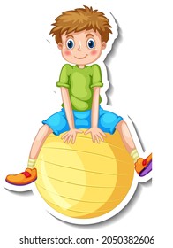Sticker template with a boy sitting on a yellow ball isolated illustration