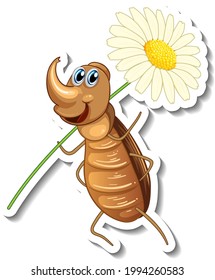 Plantilla de pegatina con caricatura de un escarabajo con una ilustración aislada de una flor