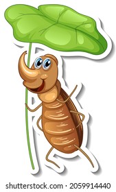 Sticker template with cartoon character of a beetle holding a leaf isolated illustration