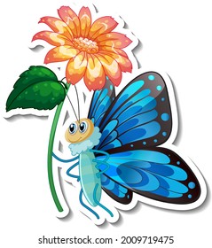 Sticker template with cartoon character of a butterfly holding a flower isolated illustration